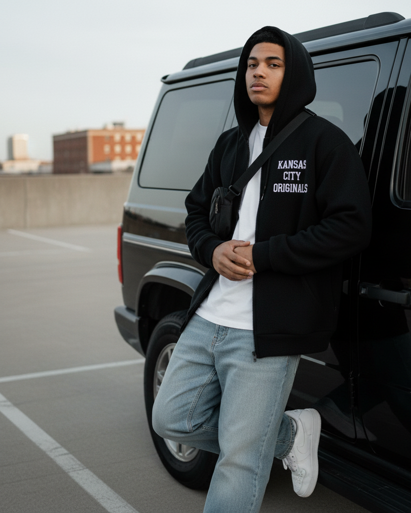 Black Zip-Up Hoodie - Leaning against SUV