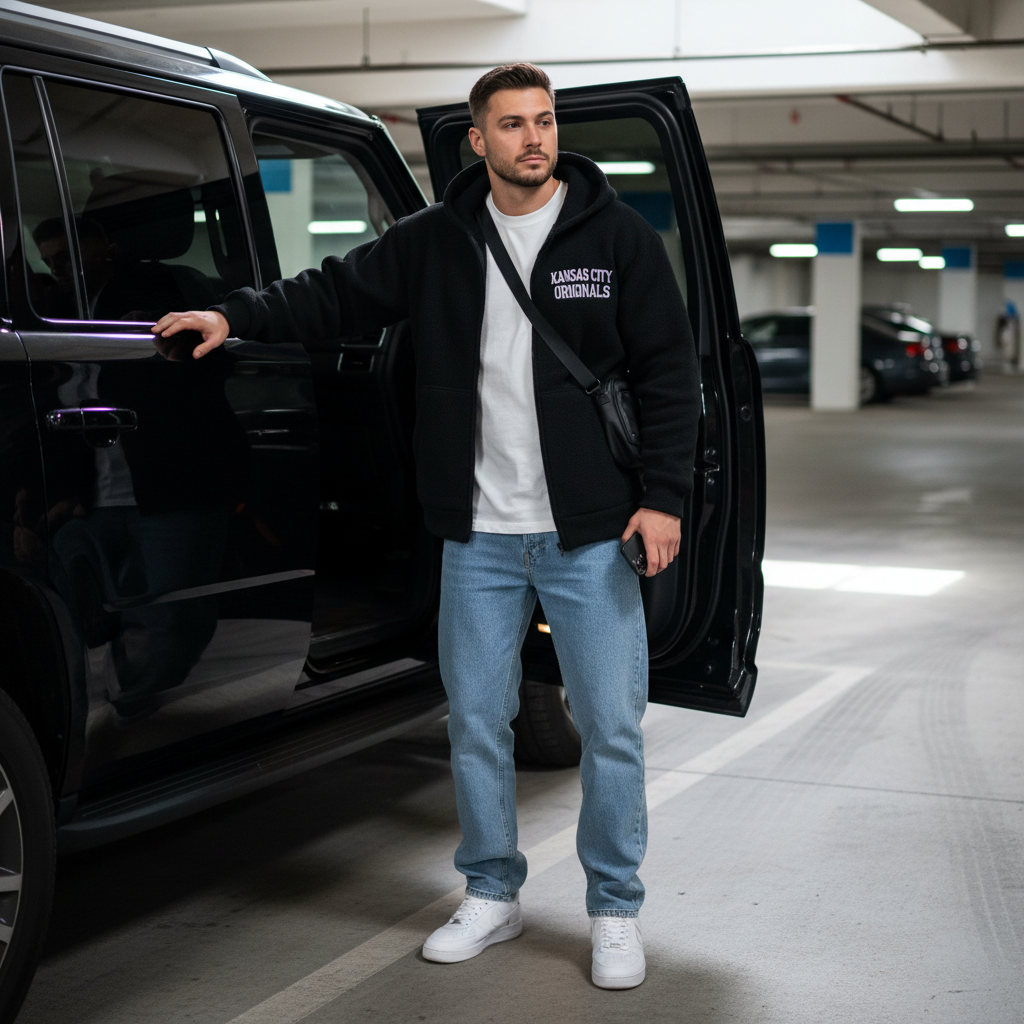 Black Zip-Up Hoodie - Open door pose